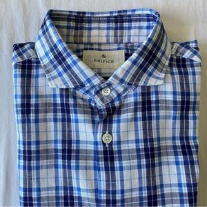 EDIFICE JAPAN men's blue x white check cotton/linen shirt, XS